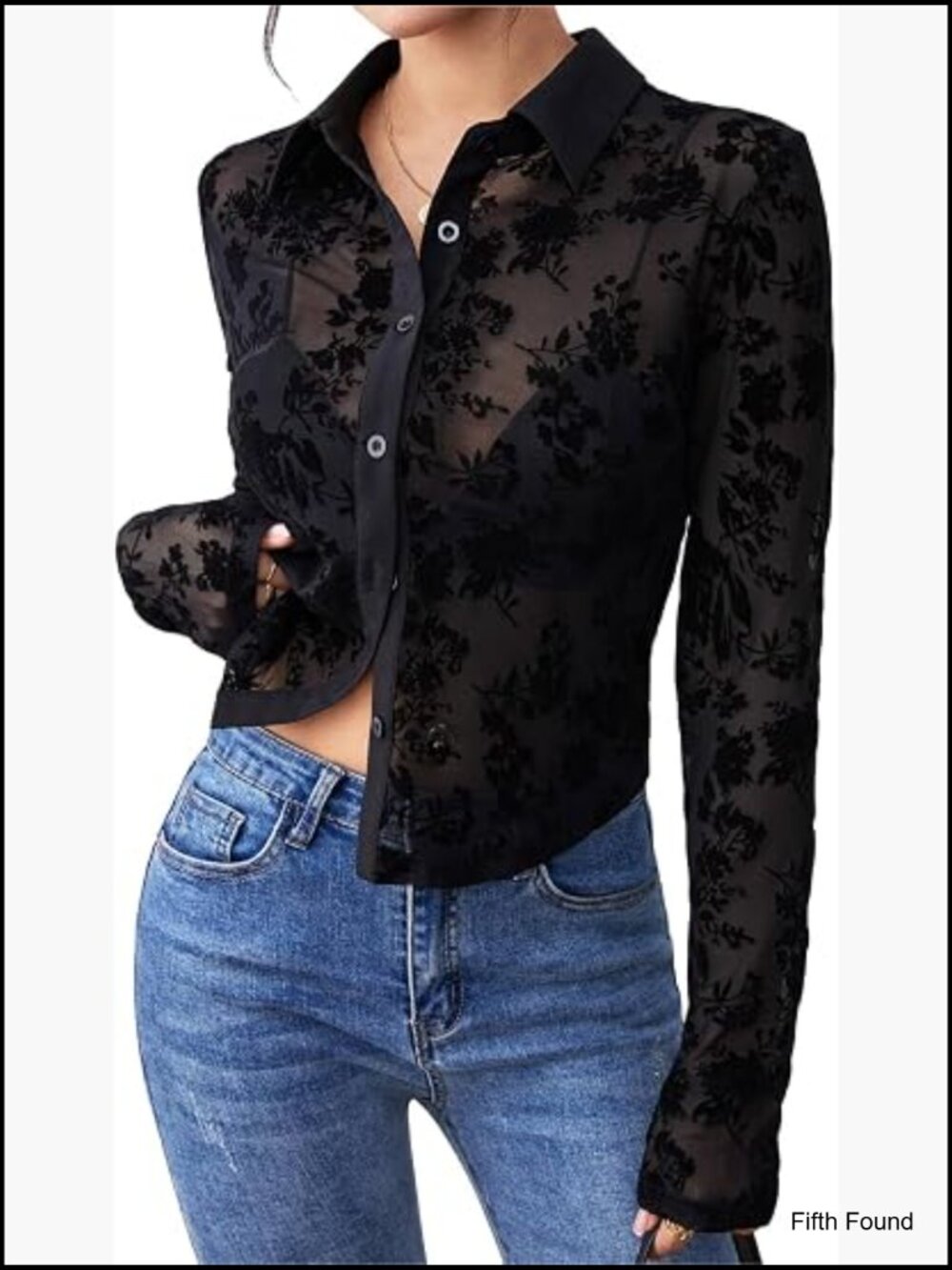 Sexy Mesh Sheer Button Up Long Sleeve Crop Top Blouse